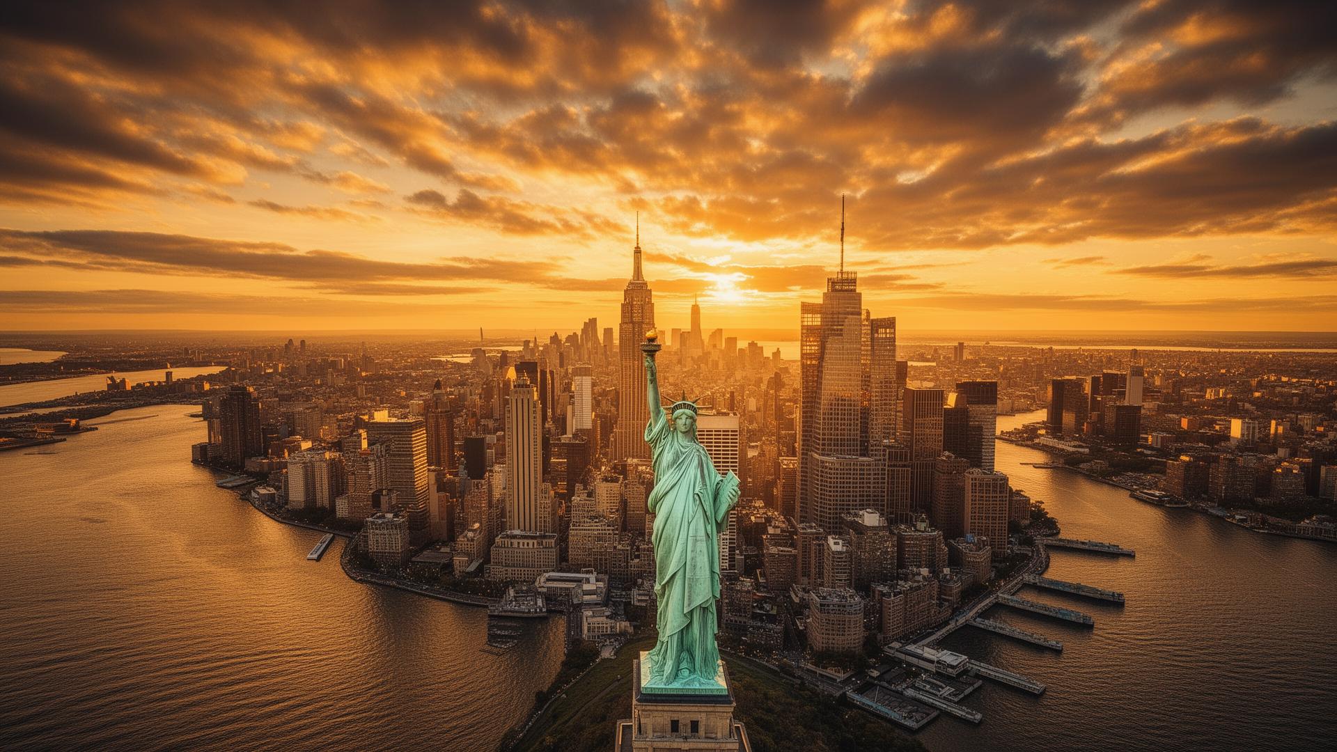 Nova York ao pôr do sol com a Estátua da Liberdade